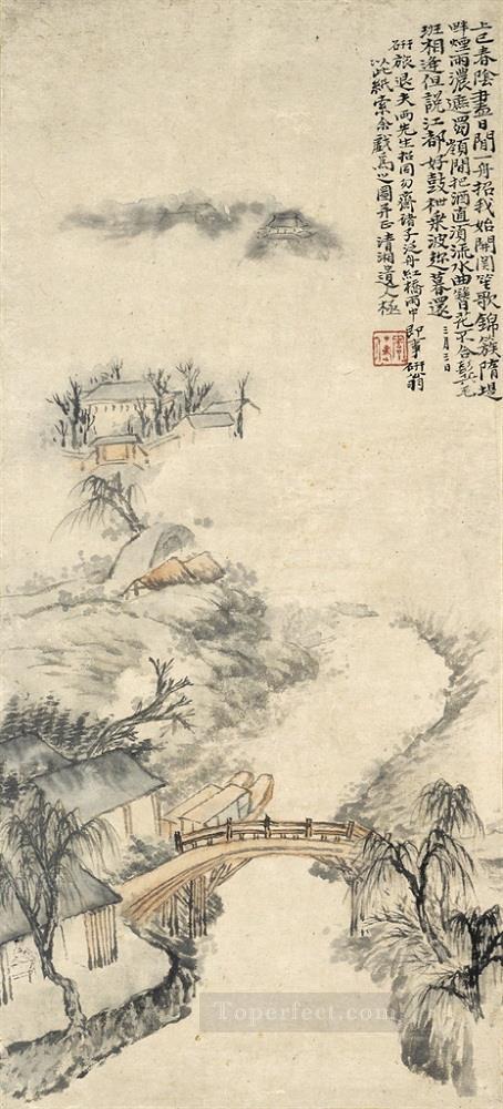 Orilla del río Shitao bajo la lluvia tinta china antigua Pintura al óleo